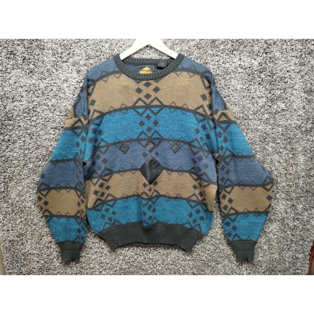 Vintage Barnaby Sweater Adult Large Tall Man LT Blue GEo Striped Leather Trim‎